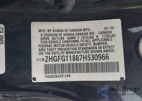 2007 Honda Civic Ex из США, поврежденный, VIN 2HGFG11887H530966